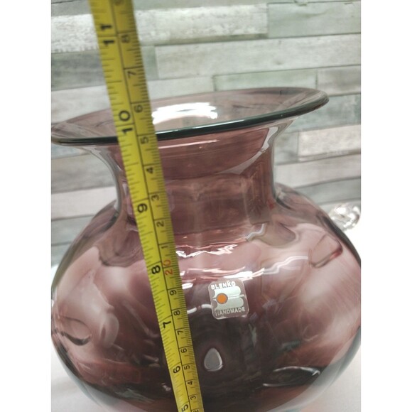 Vintage Blenko Glass 9726 Squatty Optic Vase Scroll Handles Amethyst Label  READ - Picture 12 of 14